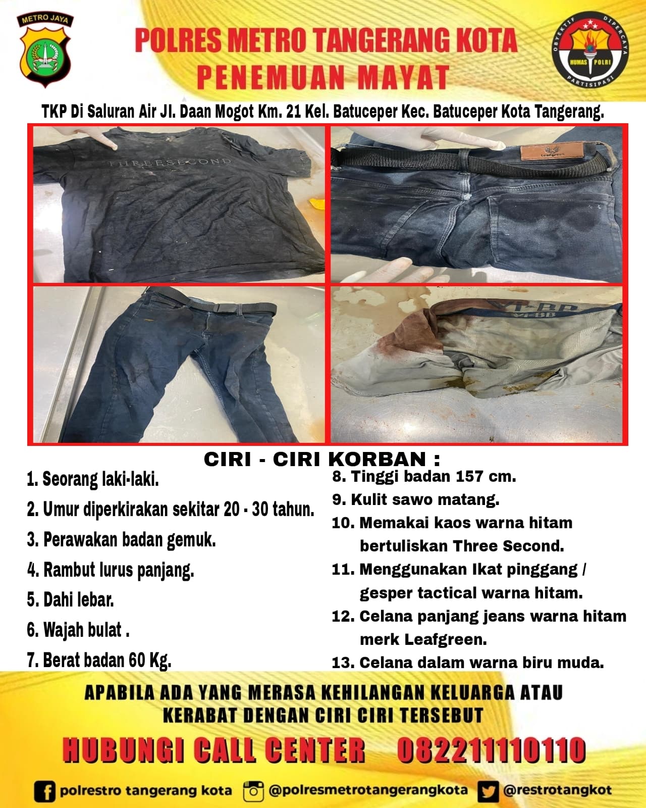 Polres Metro Tangerang Kota Rilis Ciri-Ciri Jasad Pria Terbungkus Karung