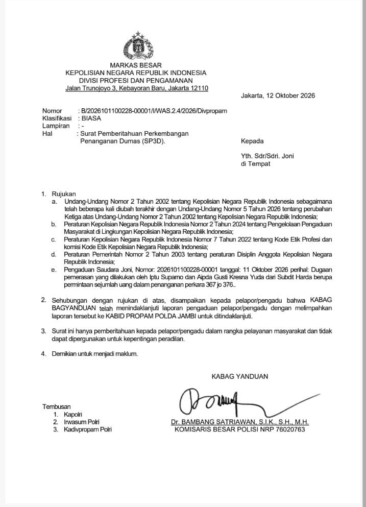 Diduga Meminta Sejumlah Uang, Dua Anggota Polda Jambi di Laporkan Divpropam Polri