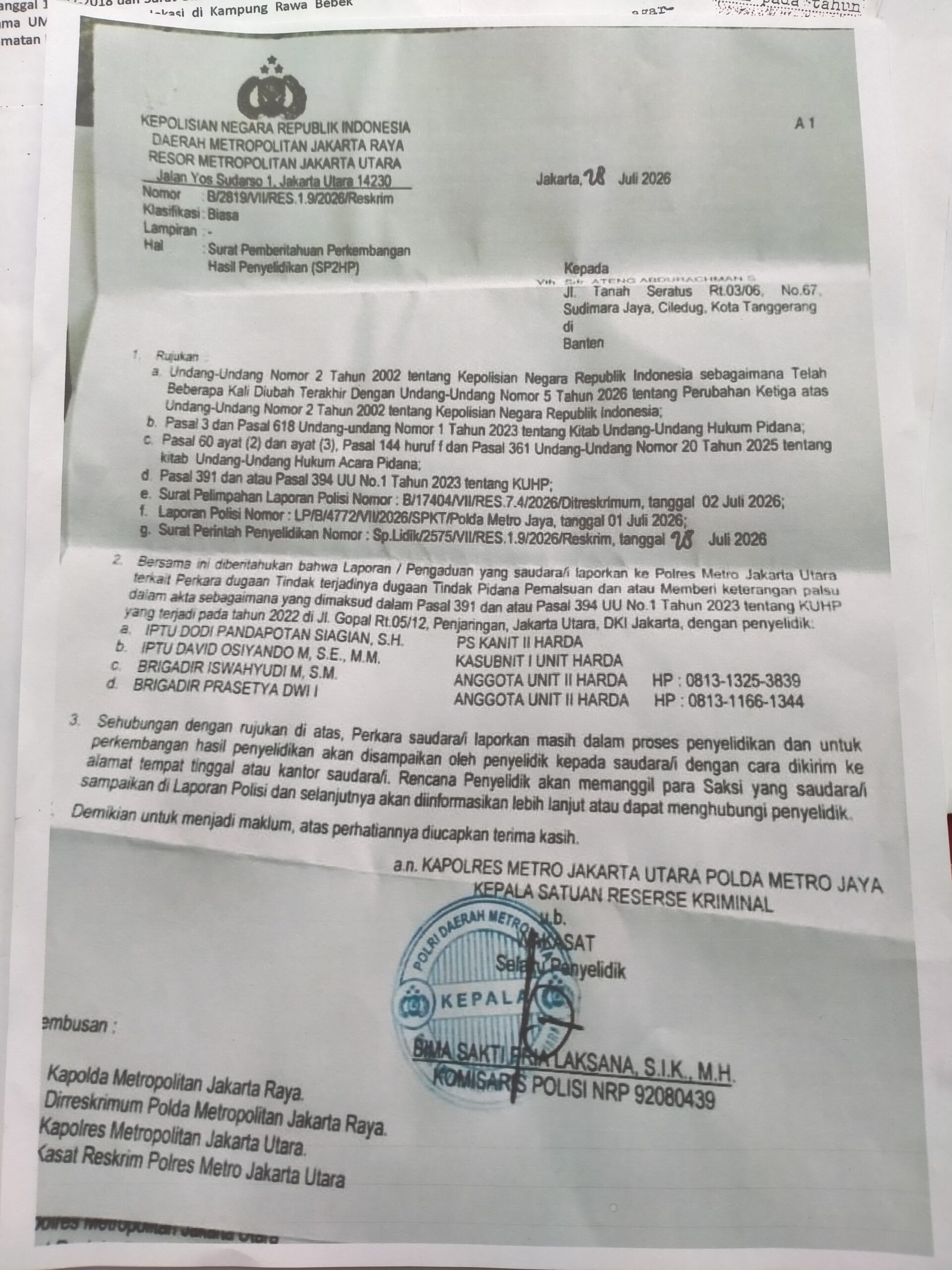 Ahli Waris Melaporkan JBD Ke Polres Jakarta Utara diduga Pemalsuan tindak pidana undang undang nomor 1 tahun 2023 pasal 391 UU 1 / 2023 atua pasal 394 KUHP